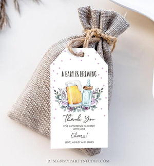 Editable A Baby is Brewing Baby Shower Favor Tags Beer Baby Shower Thank you Tag Purple Lavender Label Tags Gift Tags Template Corjl 0190