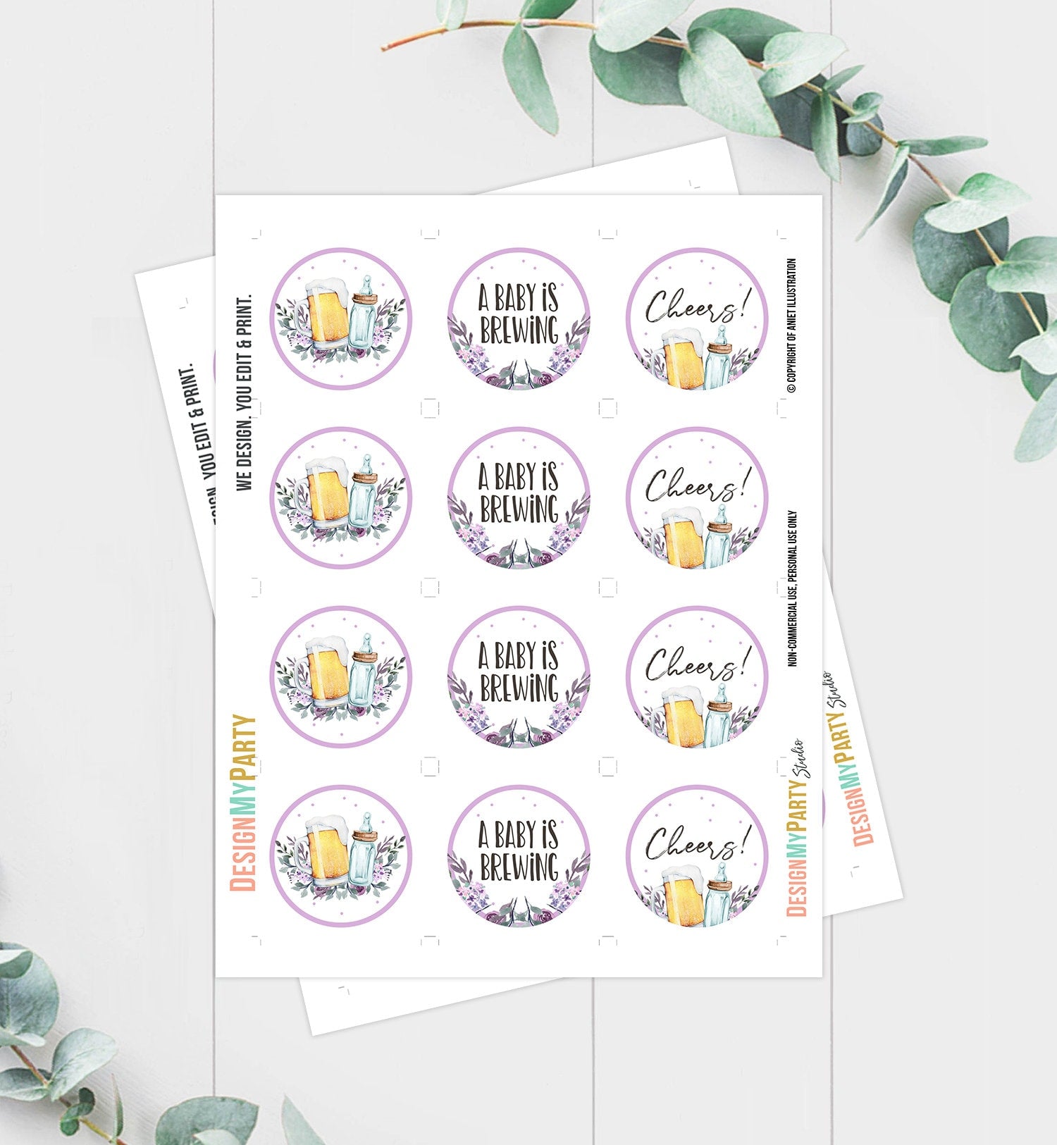 A Baby is Brewing Cupcake Toppers Favor Tags Bottle and Beers Baby Shower Cheers Party Decor Shower Greenery Purple Digital PRINTABLE 0190