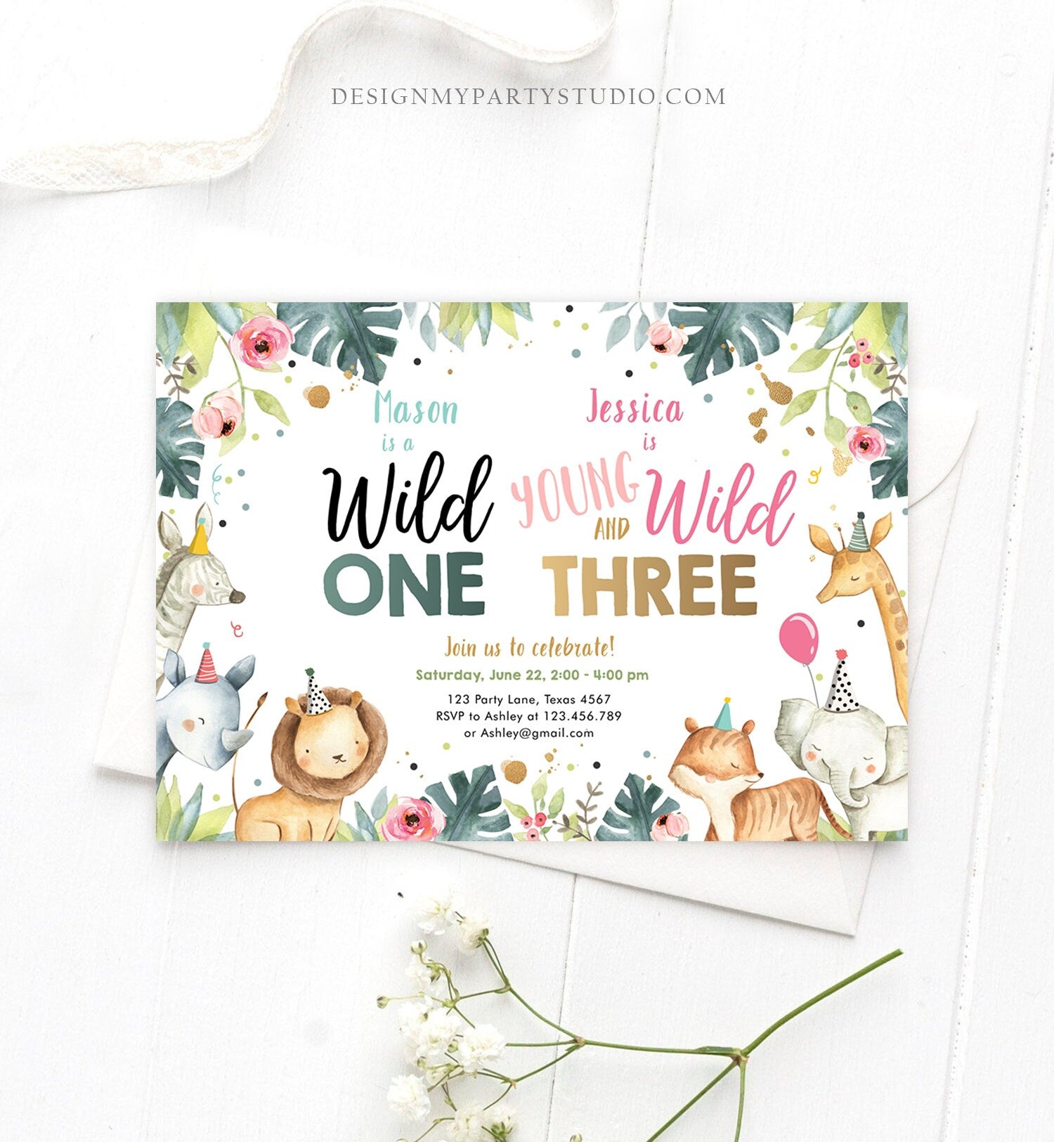 Editable Safari Animals Joint Birthday Invitation Boy Girl Wild One and Three Combined Party Zoo Wild and Three Template Digital Corjl 0163