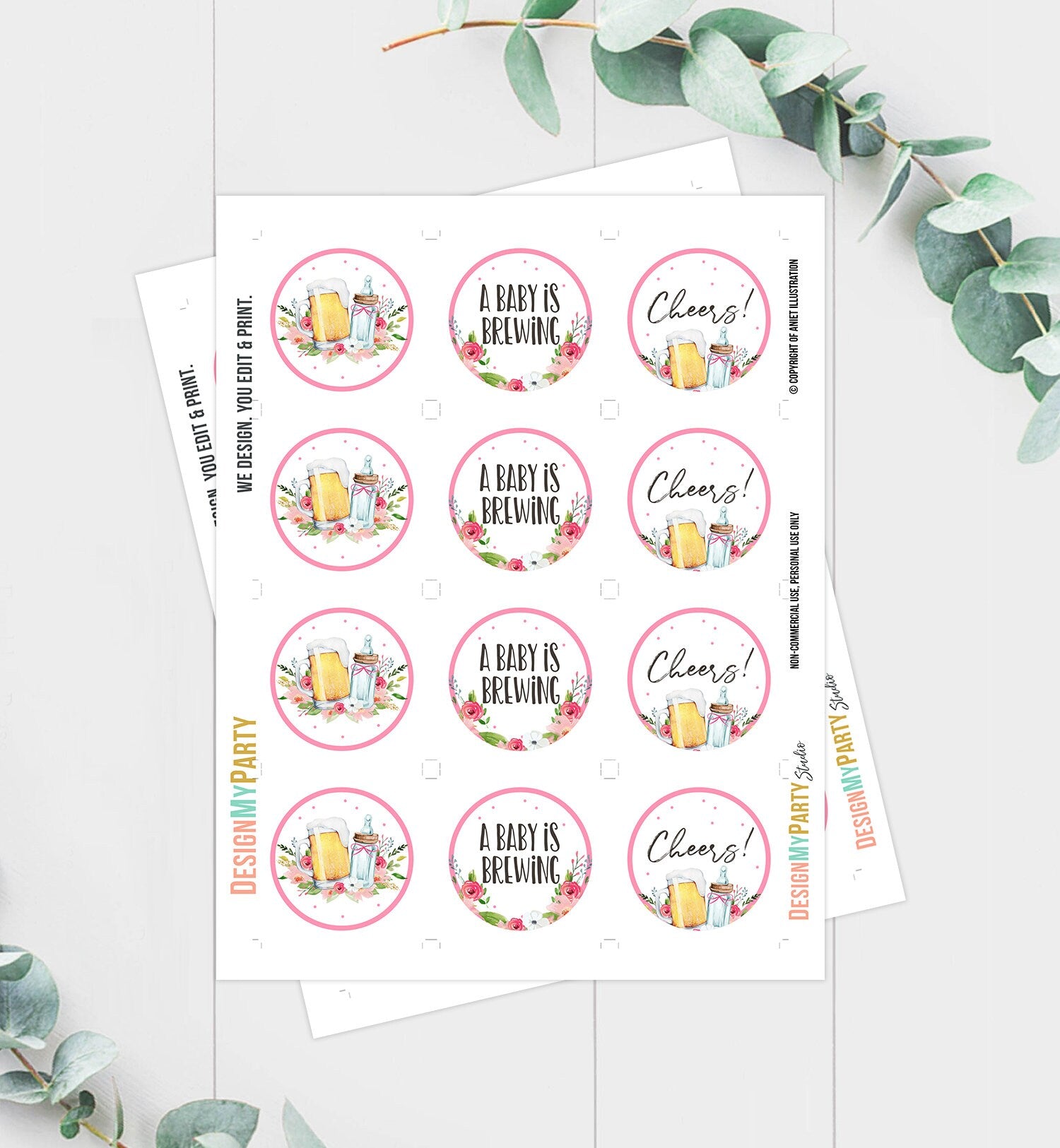 A Baby is Brewing Cupcake Toppers Favor Tags Bottle an Beers Baby Shower Cheers Party Decor Shower Greenery Pink Girl Digital PRINTABLE 0190