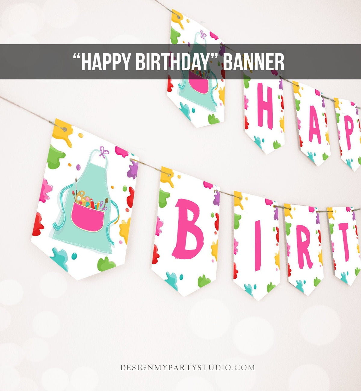Painting Party Happy Birthday Banner Art Party Banner Birthday Girl Pink Craft Party Decor Paint Instant download PRINTABLE DIGITAL DIY 0319