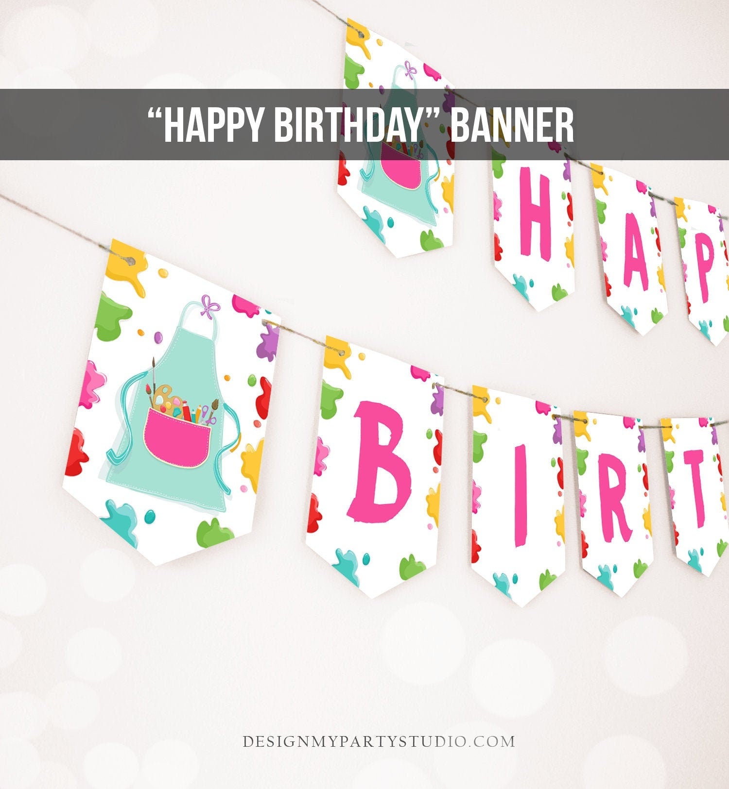 Painting Party Happy Birthday Banner Art Party Banner Birthday Girl Pink Craft Party Decor Paint Instant download PRINTABLE DIGITAL DIY 0319