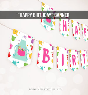 Painting Party Happy Birthday Banner Art Party Banner Birthday Girl Pink Craft Party Decor Paint Instant download PRINTABLE DIGITAL DIY 0319