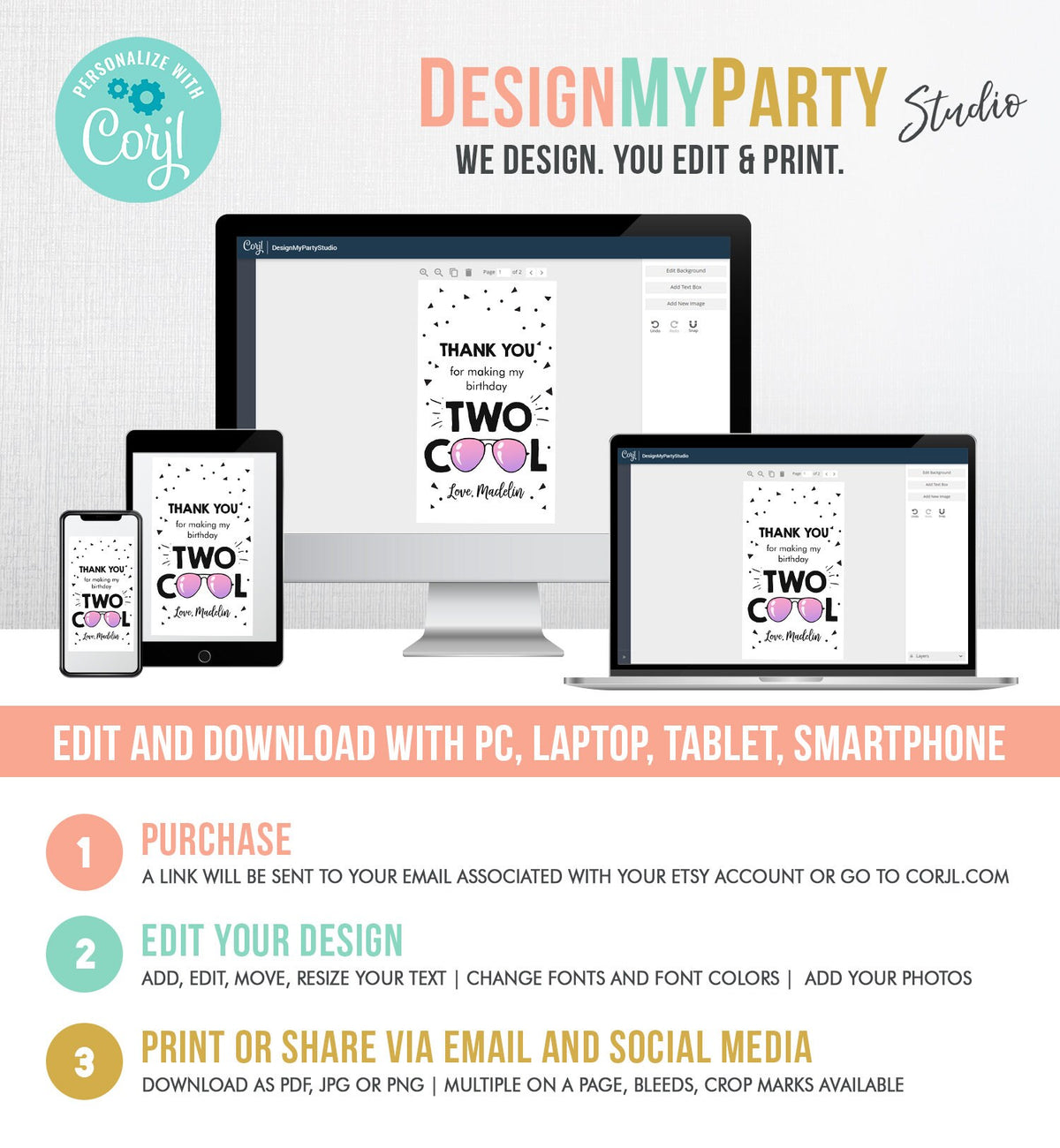 Editable Two Cool Favor Tags Birthday Thank You Tags Girl Second Birthday 2nd Gift Tags Sunglasses Summer Pink Corjl Template Printable 0136