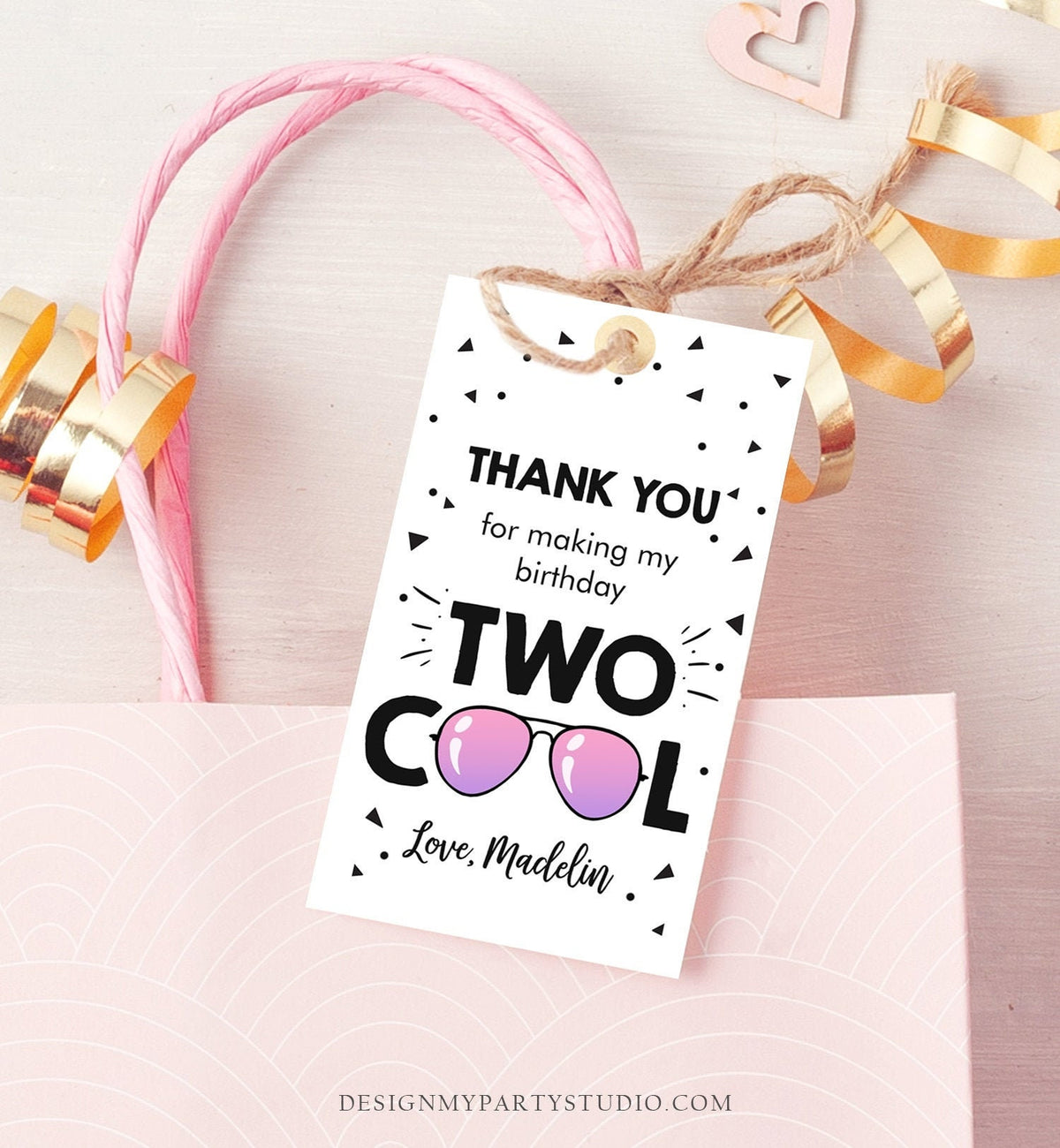 Editable Two Cool Favor Tags Birthday Thank You Tags Girl Second Birthday 2nd Gift Tags Sunglasses Summer Pink Corjl Template Printable 0136