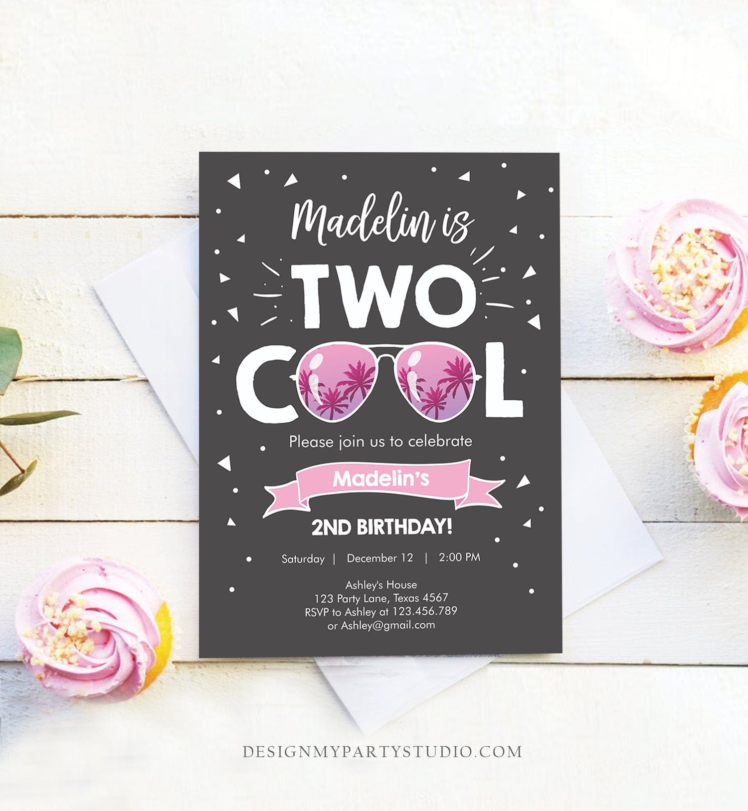 Editable Two Cool Birthday Invitation Girl Second Birthday Party 2nd I'm this Many Two Cool Pink Sunglasses Printable Corjl Template 0136