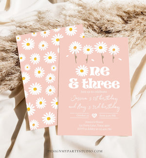 Editable Daisy Birthday Party Invitation 1st Birthday One and Three Party Boho Girl Sisters Download Printable Template Corjl Digital 0410