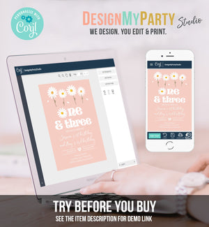Editable Daisy Birthday Party Invitation 1st Birthday One and Three Party Boho Girl Sisters Download Printable Template Corjl Digital 0410