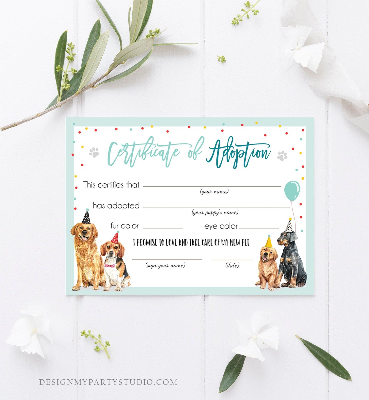 Puppy Dog Adoption Certificate Pet Adoption Dog Boy Birthday Party Adopt A Pet Vet Puppy Adoption Blue Digital Download Printable 0384