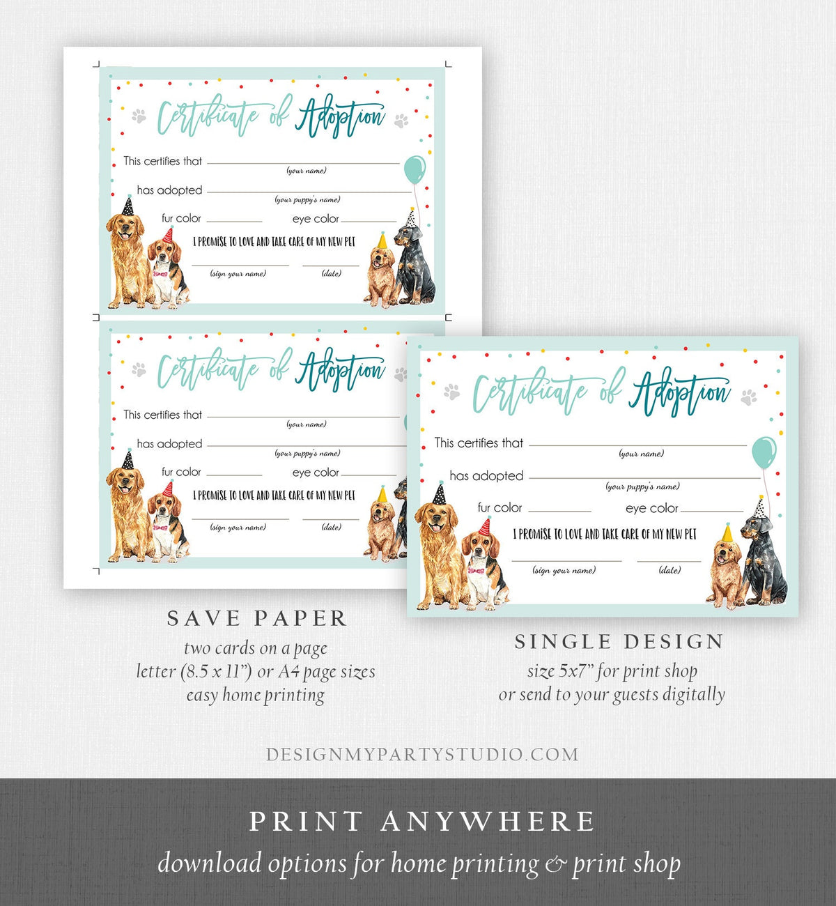 Puppy Dog Adoption Certificate Pet Adoption Dog Boy Birthday Party Adopt A Pet Vet Puppy Adoption Blue Digital Download Printable 0384