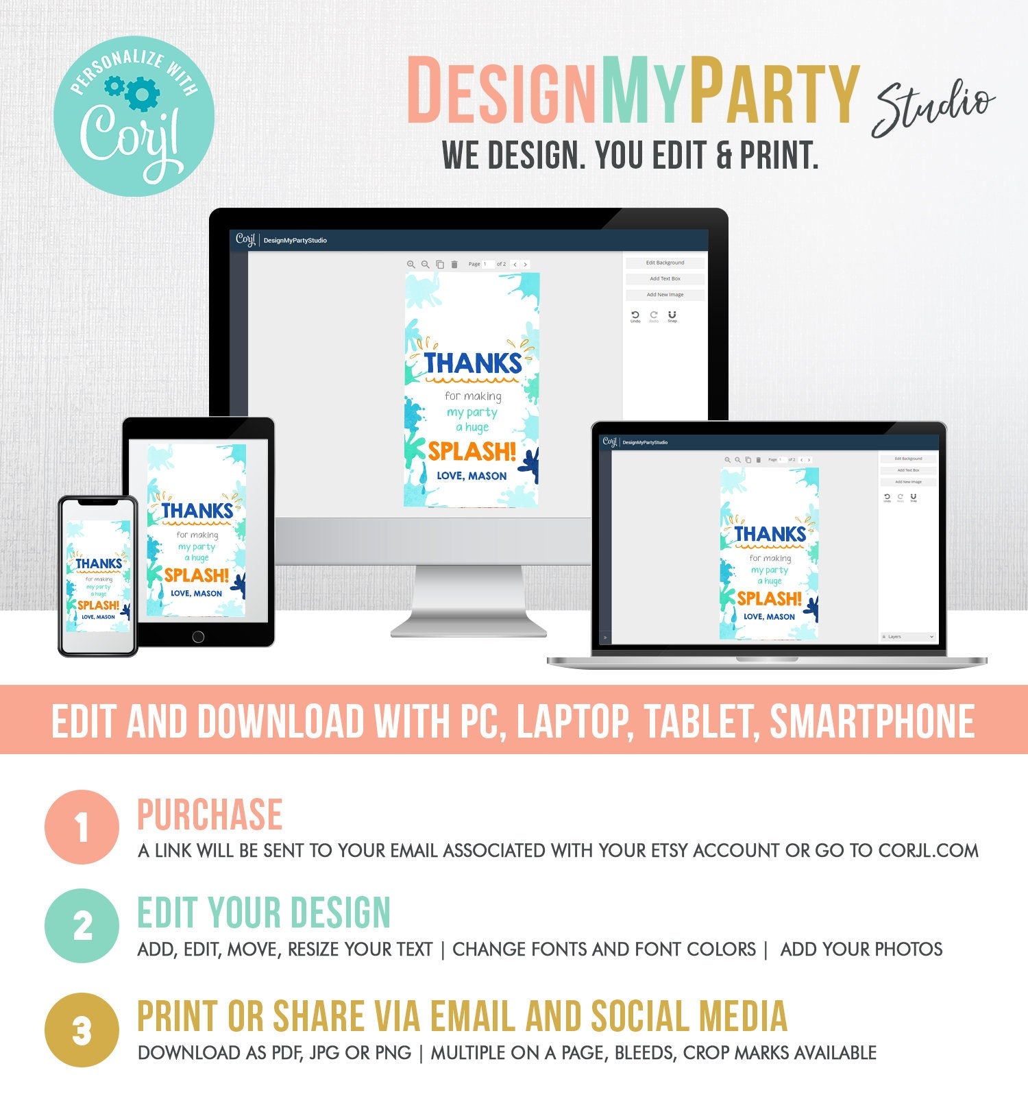 Editable Pool Party Favor Tag Splish Splash Birthday Bash Thank You Tag Boy Summer Beach Goodie Bag Download Corjl Template Printable 0237