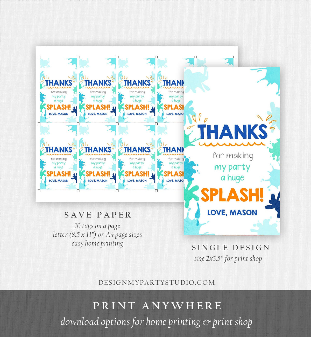 Editable Pool Party Favor Tag Splish Splash Birthday Bash Thank You Tag Boy Summer Beach Goodie Bag Download Corjl Template Printable 0237