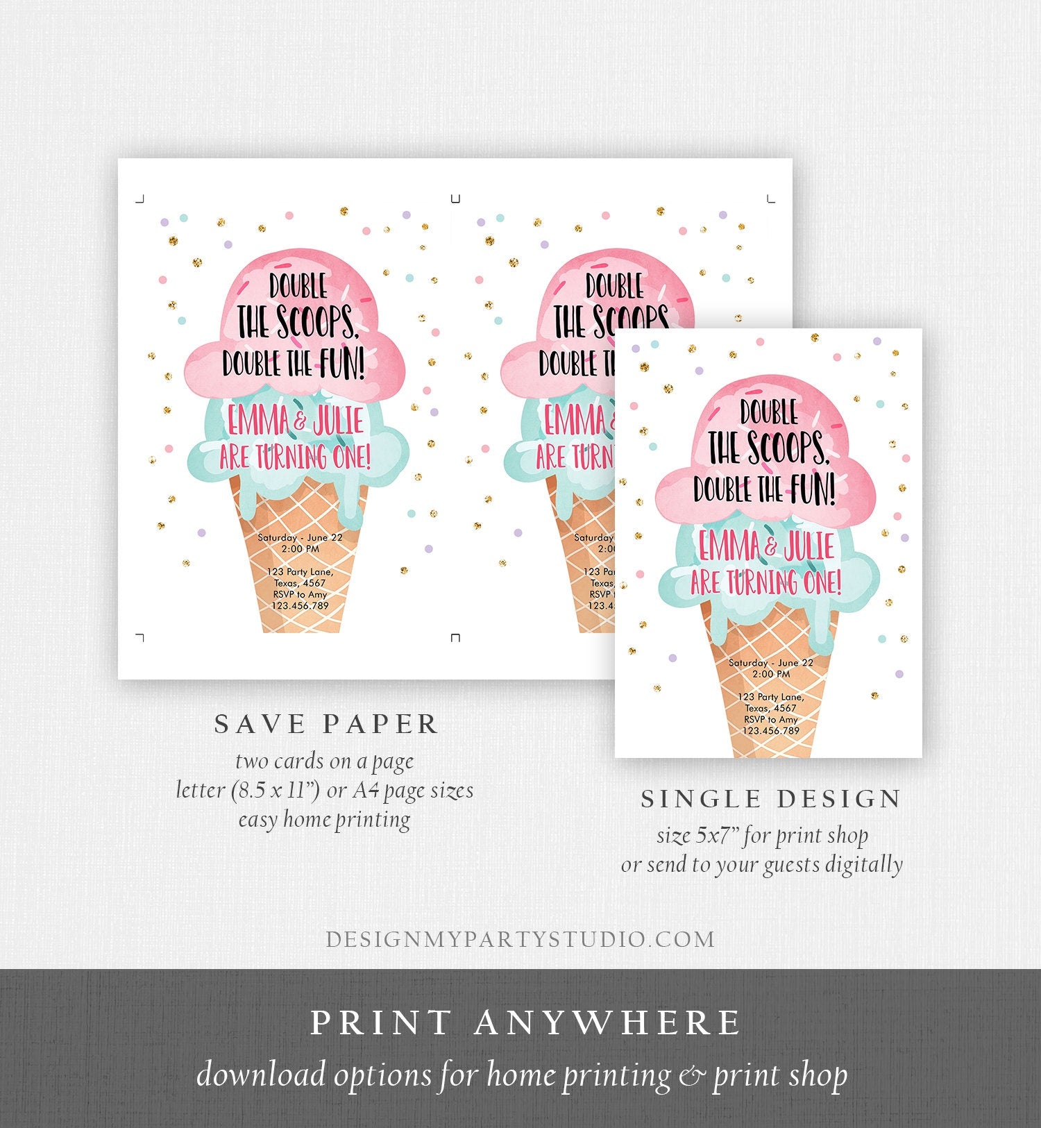 Editable Twin Ice Cream Birthday Invitation First Birthday Double the Scoops Double Fun Twins Pink Mint Gold Printable Template Corjl 0243