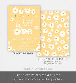 Editable Daisy Birthday Party Invitation Wild One Floral Girl Boho Yellow First Birthday 1st Digital Download Template Corjl Printable 0410