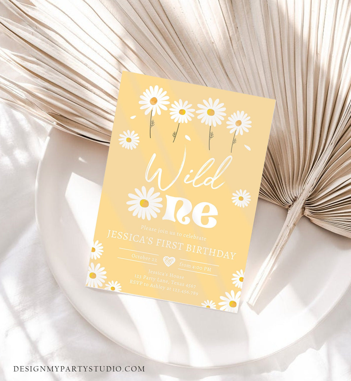 Editable Daisy Birthday Party Invitation Wild One Floral Girl Boho Yellow First Birthday 1st Digital Download Template Corjl Printable 0410