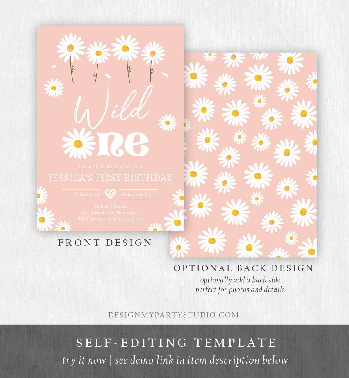 Editable Daisy Birthday Party Invitation Wild One Floral Girl Boho Pink First Birthday 1st Digital Download Evite Template Printable 0410