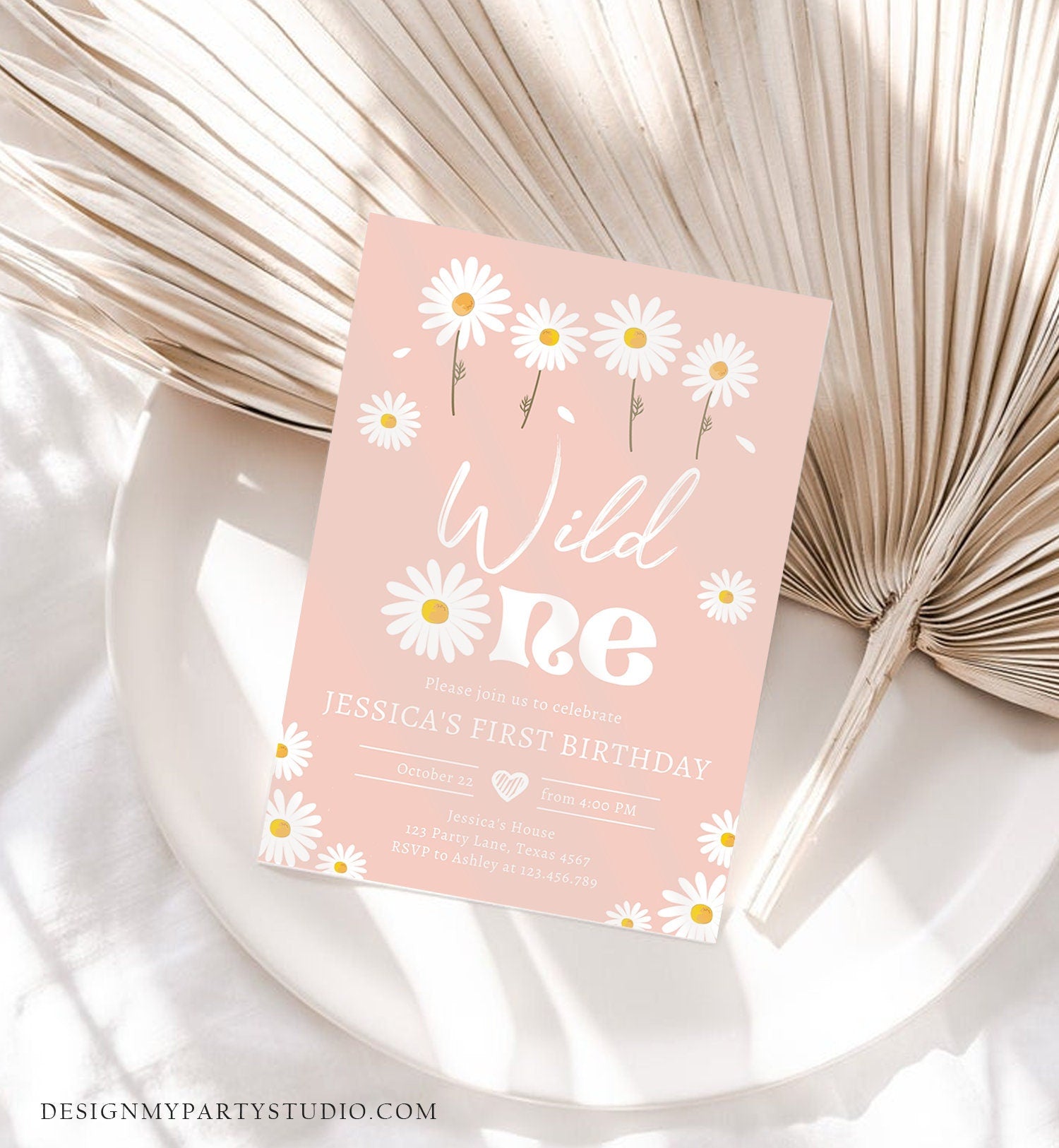 Editable Daisy Birthday Party Invitation Wild One Floral Girl Boho Pink First Birthday 1st Digital Download Evite Template Printable 0410