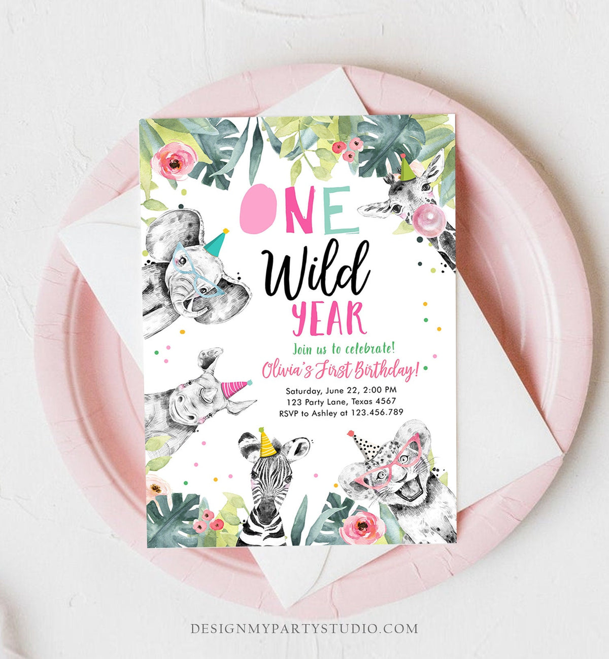 Editable One Wild Year Birthday Invitation Safari Party Animals Girl Pink First Birthday Wild One Monochrome Digital Template Printable 0322