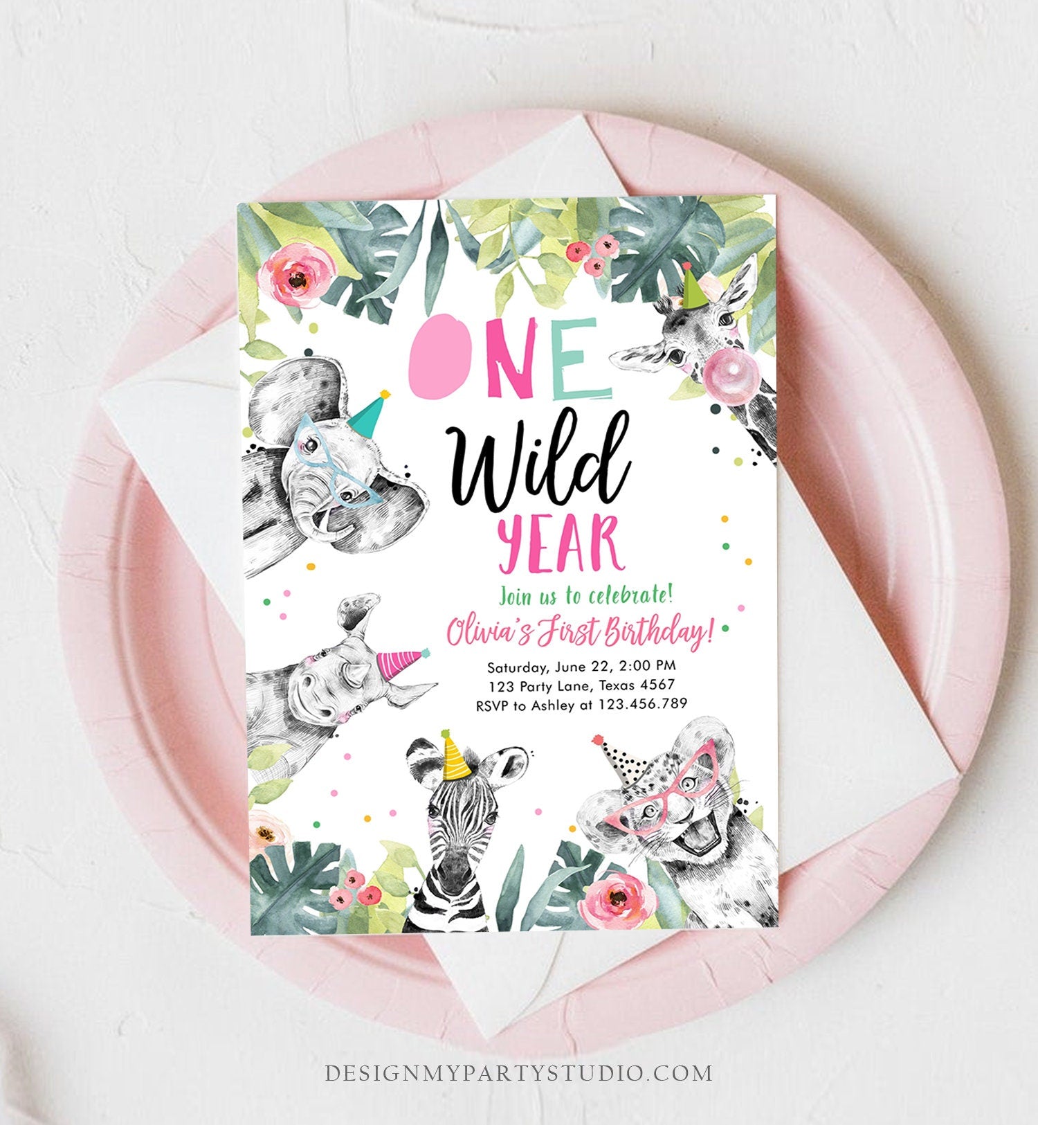 Editable One Wild Year Birthday Invitation Safari Party Animals Girl Pink First Birthday Wild One Monochrome Digital Template Printable 0322