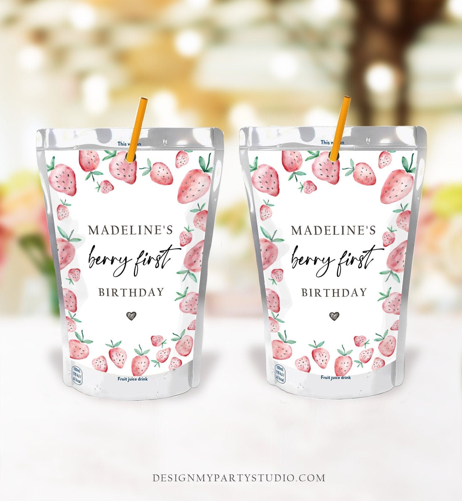 Editable Strawberry Juice Pouch Label Juice Favors Strawberry Birthday Party Girl Berry Sweet Digital Download Template Printable 0399
