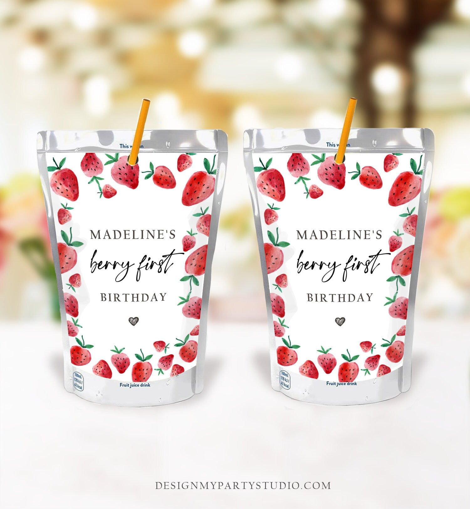 Editable Strawberry Capri Sun Labels Juice Pouch Labels Strawberry Birthday Party Girl Berry Sweet Download Corjl Template Printable 0399