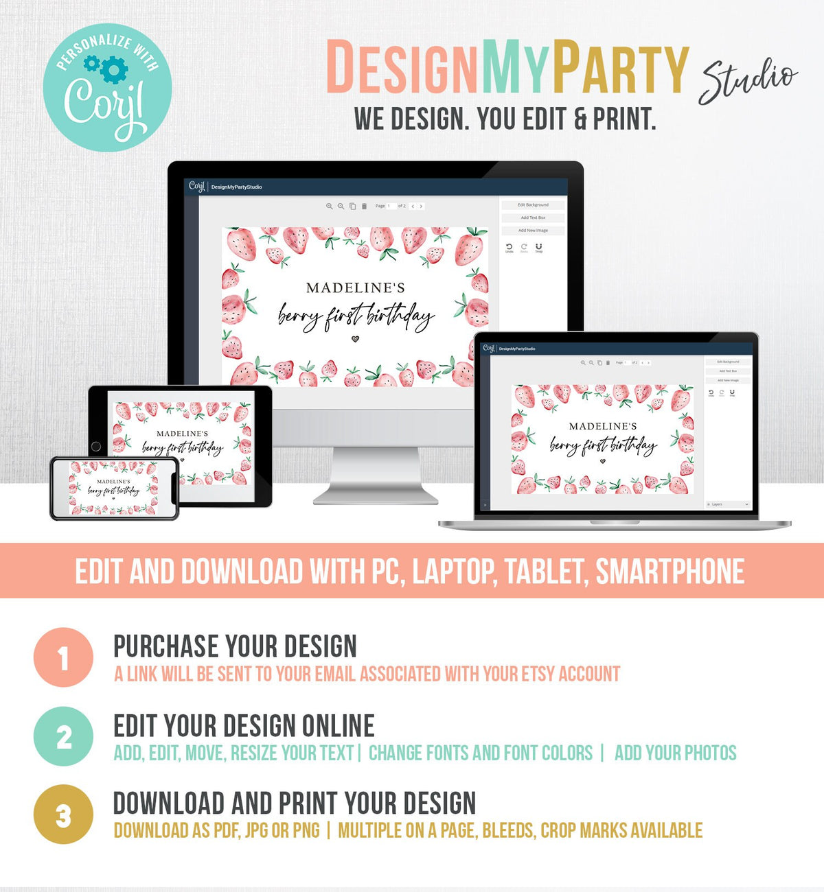 Editable Strawberry Backdrop Banner Strawberry Berry First Birthday Girl Strawberries Berry Sweet Digital Download Template Printable 0399