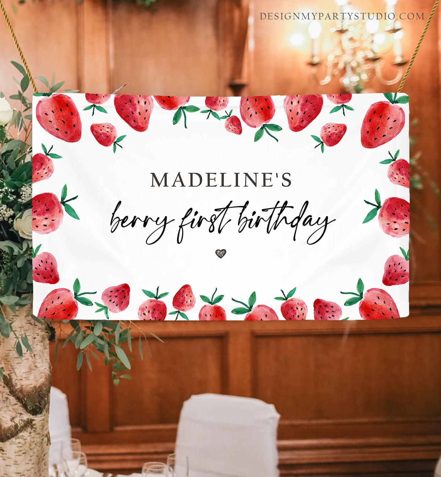 Editable Strawberry Backdrop Banner Strawberry Berry First Birthday Girl Strawberries Berry Sweet Download Corjl Template Printable 0399