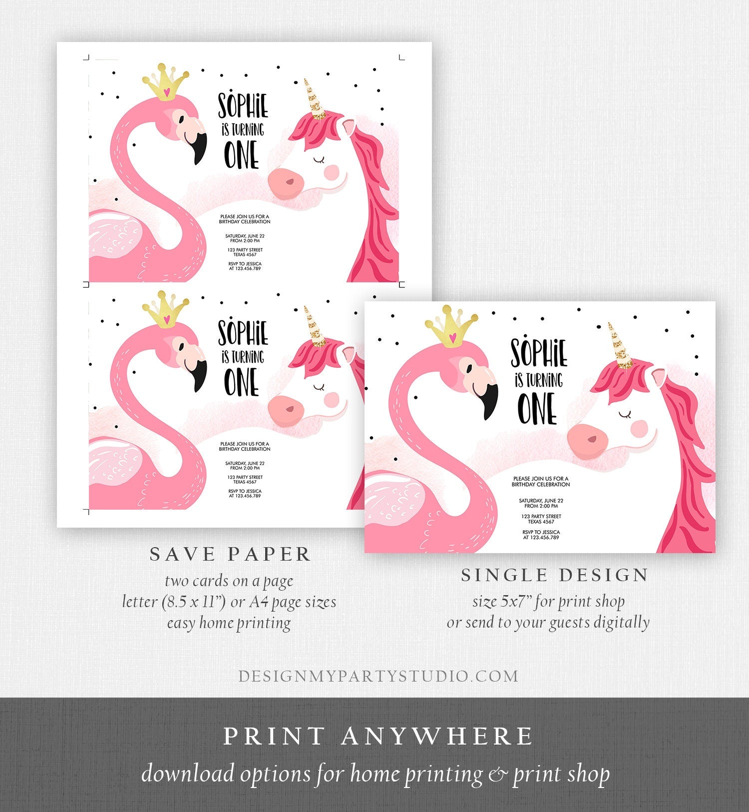 Editable Flamingo Unicorn Birthday Invitation Magical Party Invite Girl First Birthday Digital Invite Template Instant Download Corjl 0019