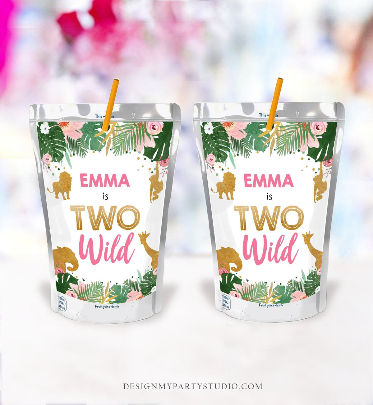 Editable Two Wild Safari Animals Juice Pouch Label Juice Favors Gold Girl Second Birthday Party Animals Digital Template Printable 0016