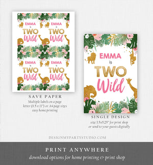 Editable Two Wild Safari Animals Capri Sun Labels Juice Pouch Labels Gold Girl Second Birthday Party Animals Corjl Template Printable 0016