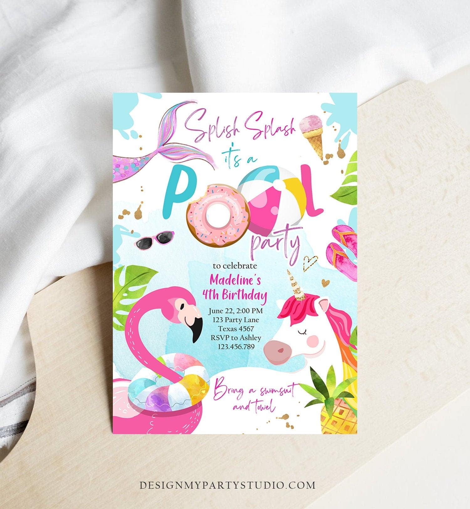 Editable Pool Party Invitation Pool Party Bash Invite Girl Pink Unicorn Float Flamingo Tropical Download Printable Template Corjl 0416