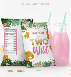 Editable Two Wild Safari Animals Chip Bag Party Girl Second Birthday 2nd Party Snack Favors Gold Corjl Template Printable 0016