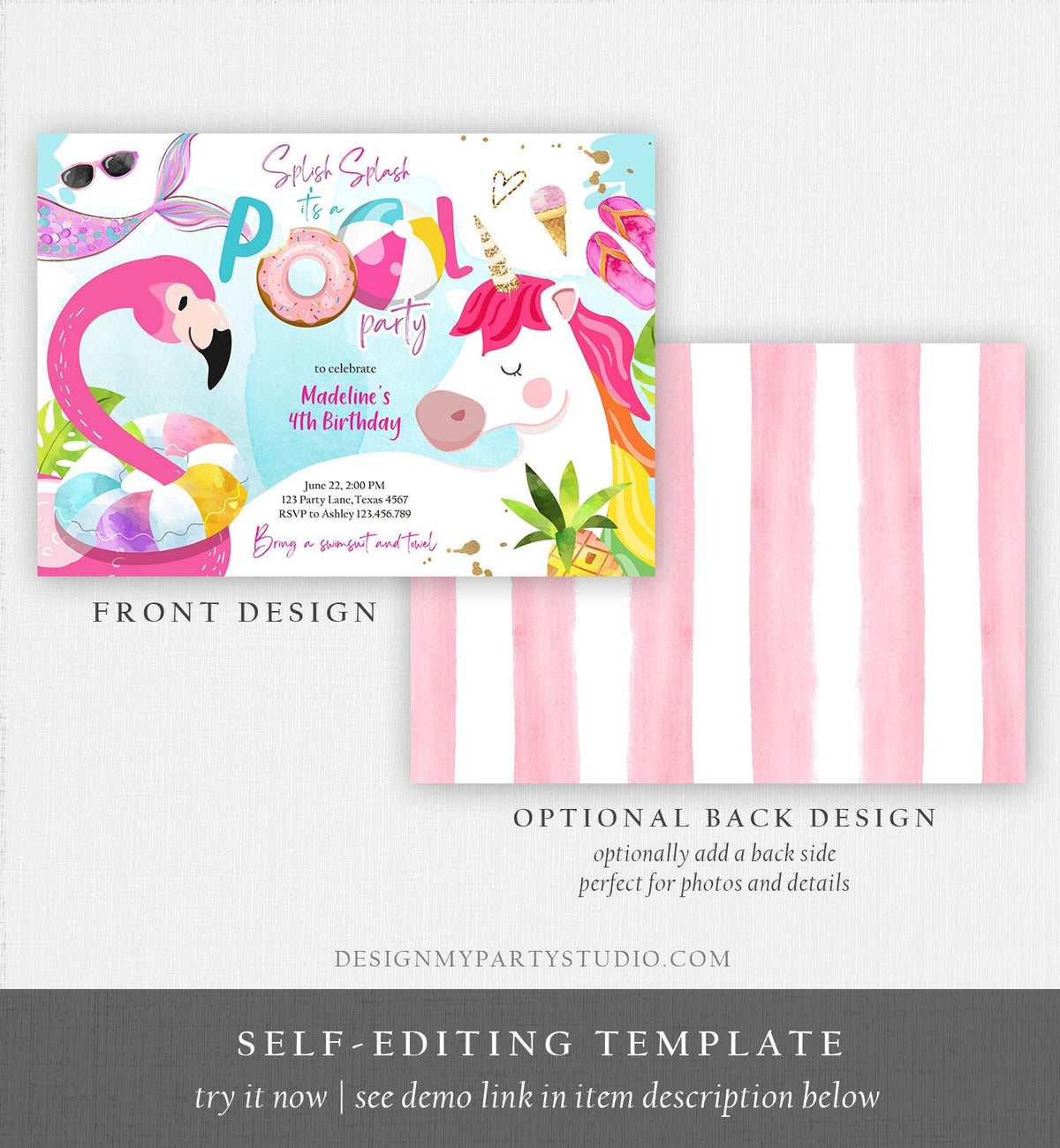 Editable Pool Party Invitation Pool Party Bash Invite Girl Pink Unicorn Float Flamingo Tropical Download Printable Template Corjl 0416