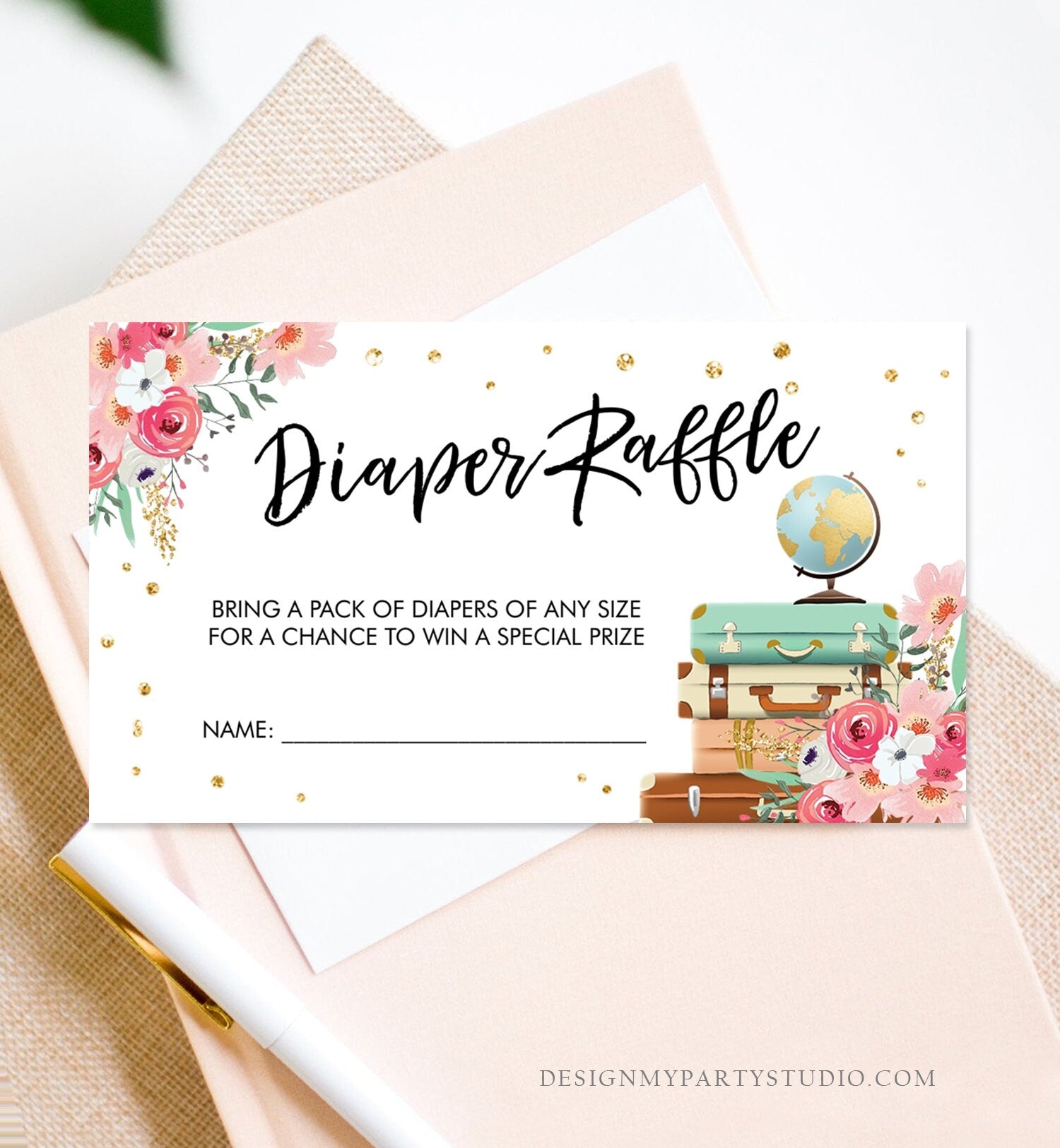 Editable Travel Diaper Raffle Ticket Baby Shower Diaper Game Journey Adventure Suitcases Globe Floral Pink Corjl Template Printable 0030