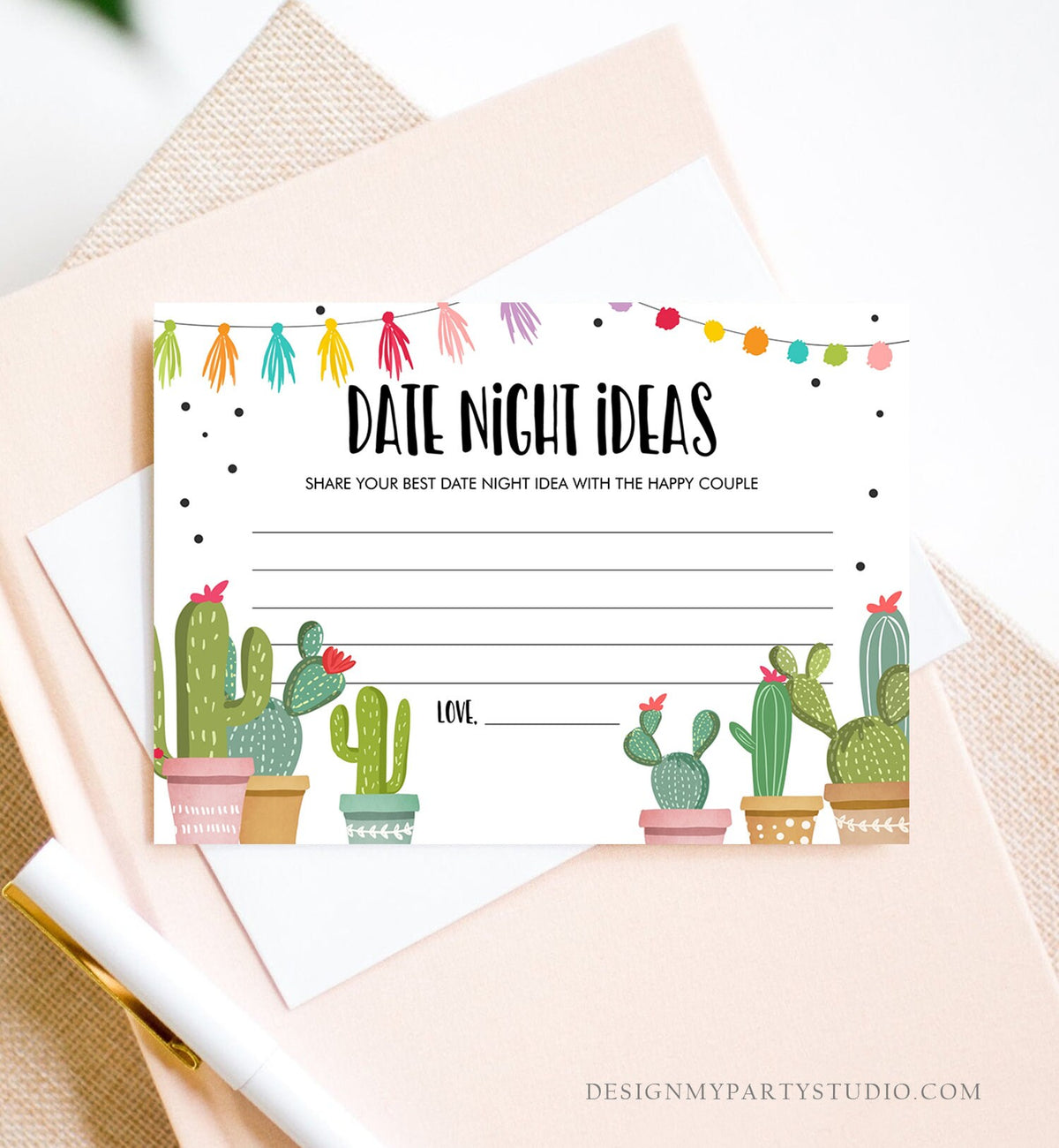 Editable Date Night Ideas Bridal Shower Game Idea Card Advice Game Insert Card Date Jar Fiesta Cactus Activity Mexican Digital Template 0254