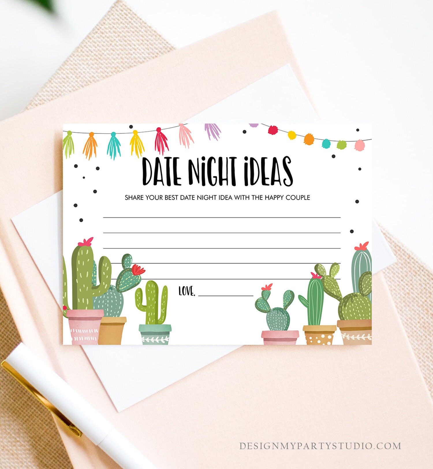 Editable Date Night Ideas Bridal Shower Game Idea Card Advice Game Insert Card Date Jar Fiesta Cactus Activity Mexican Digital Template 0254