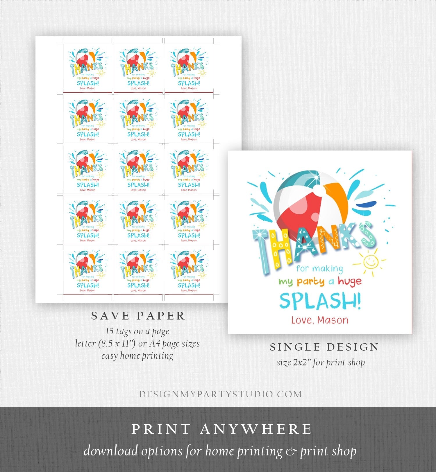 Editable Pool Party Thank You Tags Splish Splash Birthday Bash Boy Red Favor Tag Label Round Square Sticker Corjl Template Printable 0169