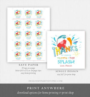 Editable Pool Party Thank You Tags Splish Splash Birthday Bash Boy Red Favor Tag Label Round Square Sticker Corjl Template Printable 0169