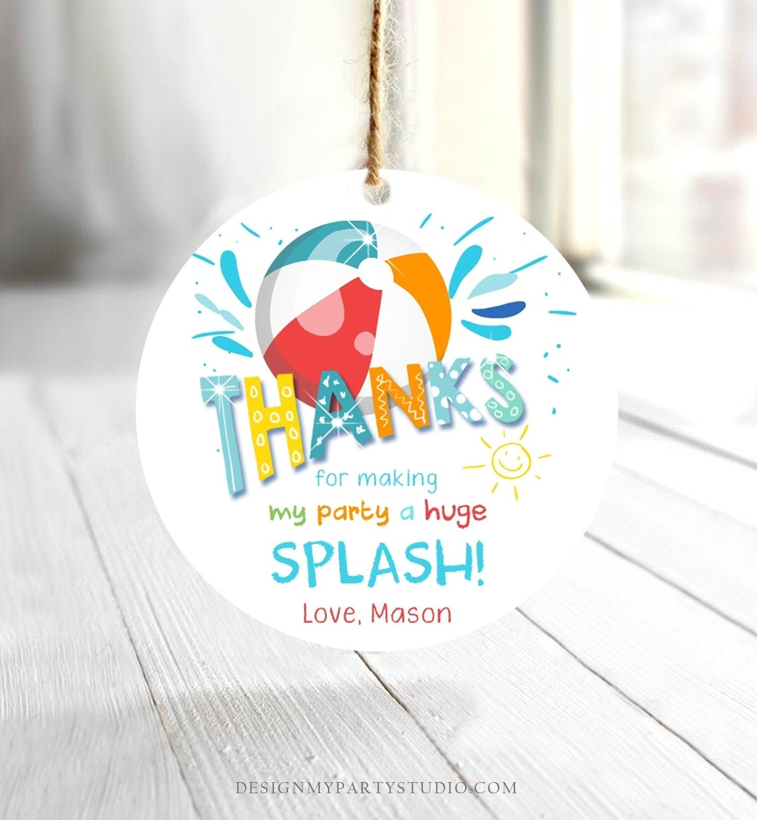 Editable Pool Party Thank You Tags Splish Splash Birthday Bash Boy Red Favor Tag Label Round Square Sticker Corjl Template Printable 0169