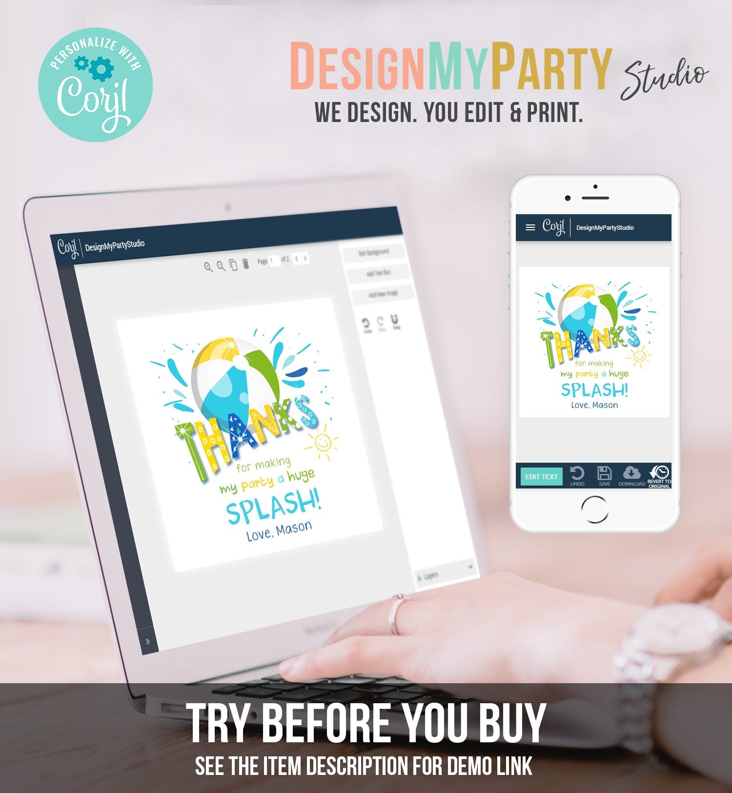 Editable Pool Party Thank You Tags Splish Splash Birthday Bash Green Yellow Tag Label Round Square Sticker Corjl Template Printable 0169