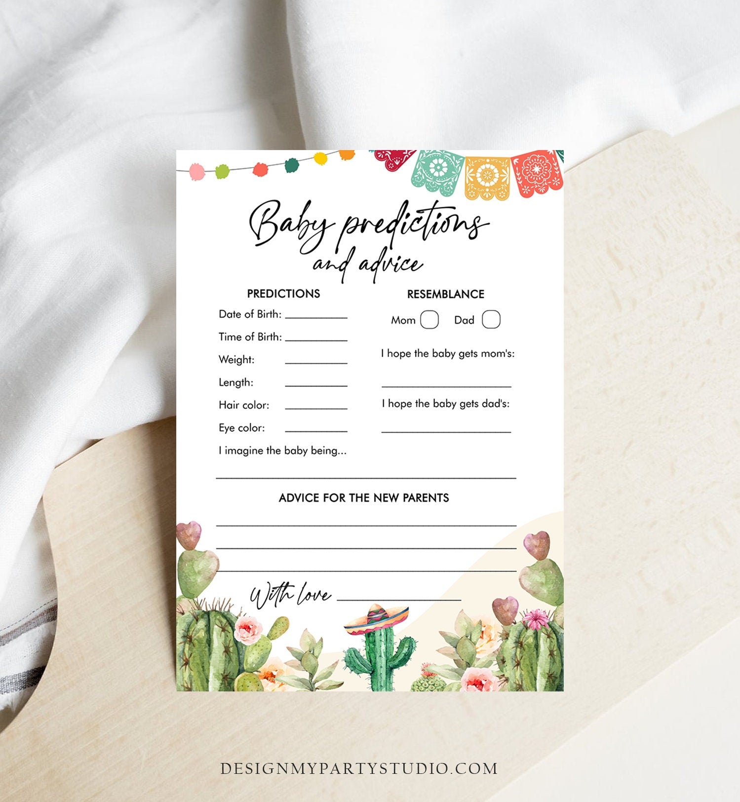 Editable Baby Predictions Fiesta Baby Shower Game Advice for Parents Game Shower Activity Cactus Mexican Corjl Template Printable 0404