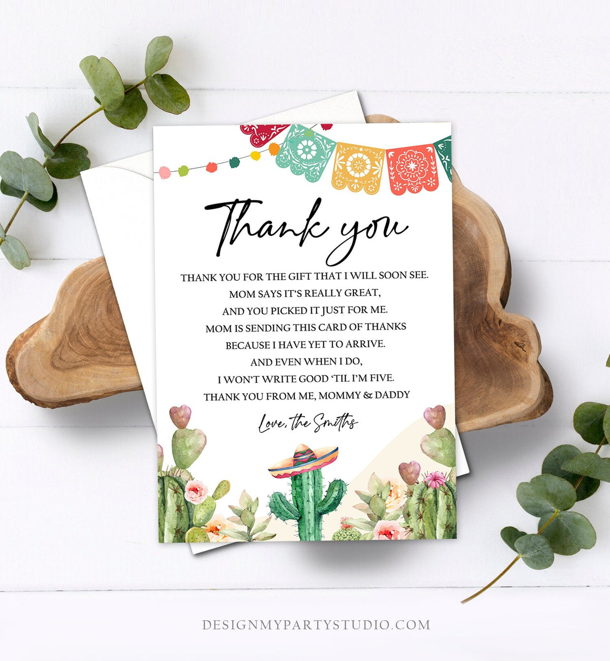 Editable Fiesta Baby Shower Thank You Card Mexican Baby Shower Cactus Succulent Desert Floral Fiesta Digital Corjl Template Printable 0404