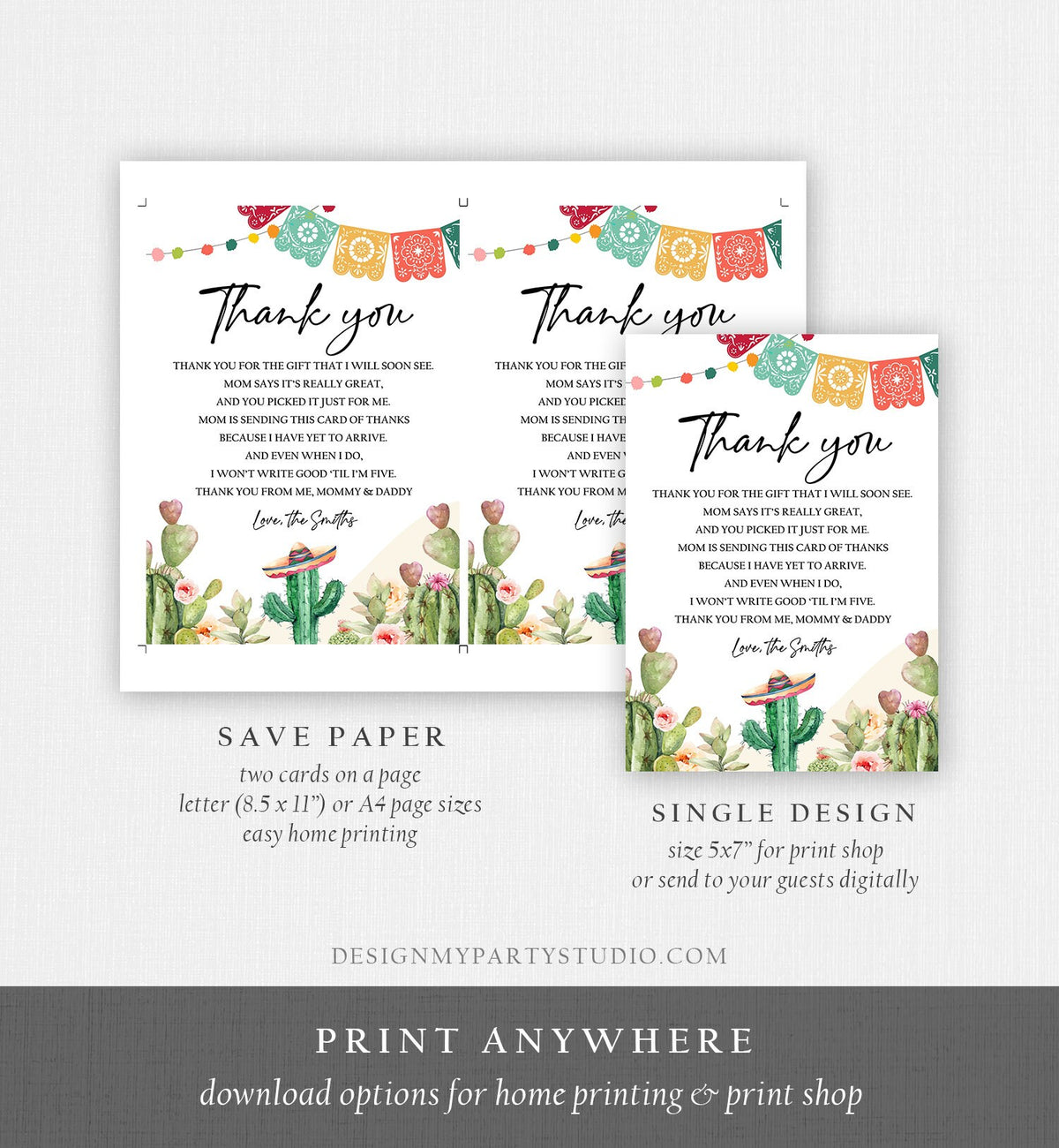 Editable Fiesta Baby Shower Thank You Card Mexican Baby Shower Cactus Succulent Desert Floral Fiesta Digital Corjl Template Printable 0404