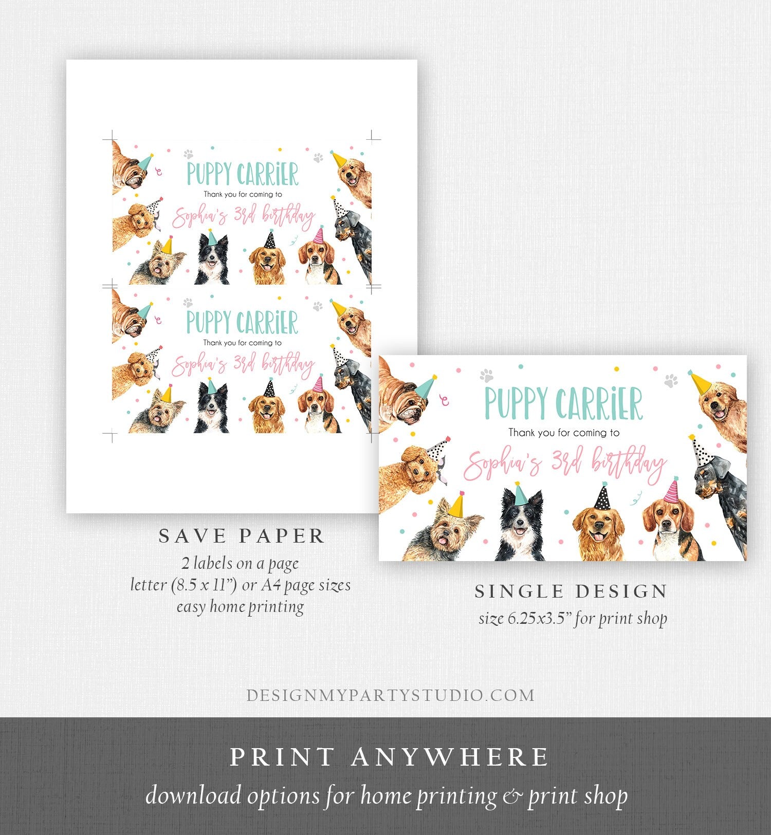 Editable Puppy Carrier Box Favor Label Puppy Birthday Favor Box Label Boy Girl Adopt a Puppy Pet Vet Digital Download Printable Corjl 0384