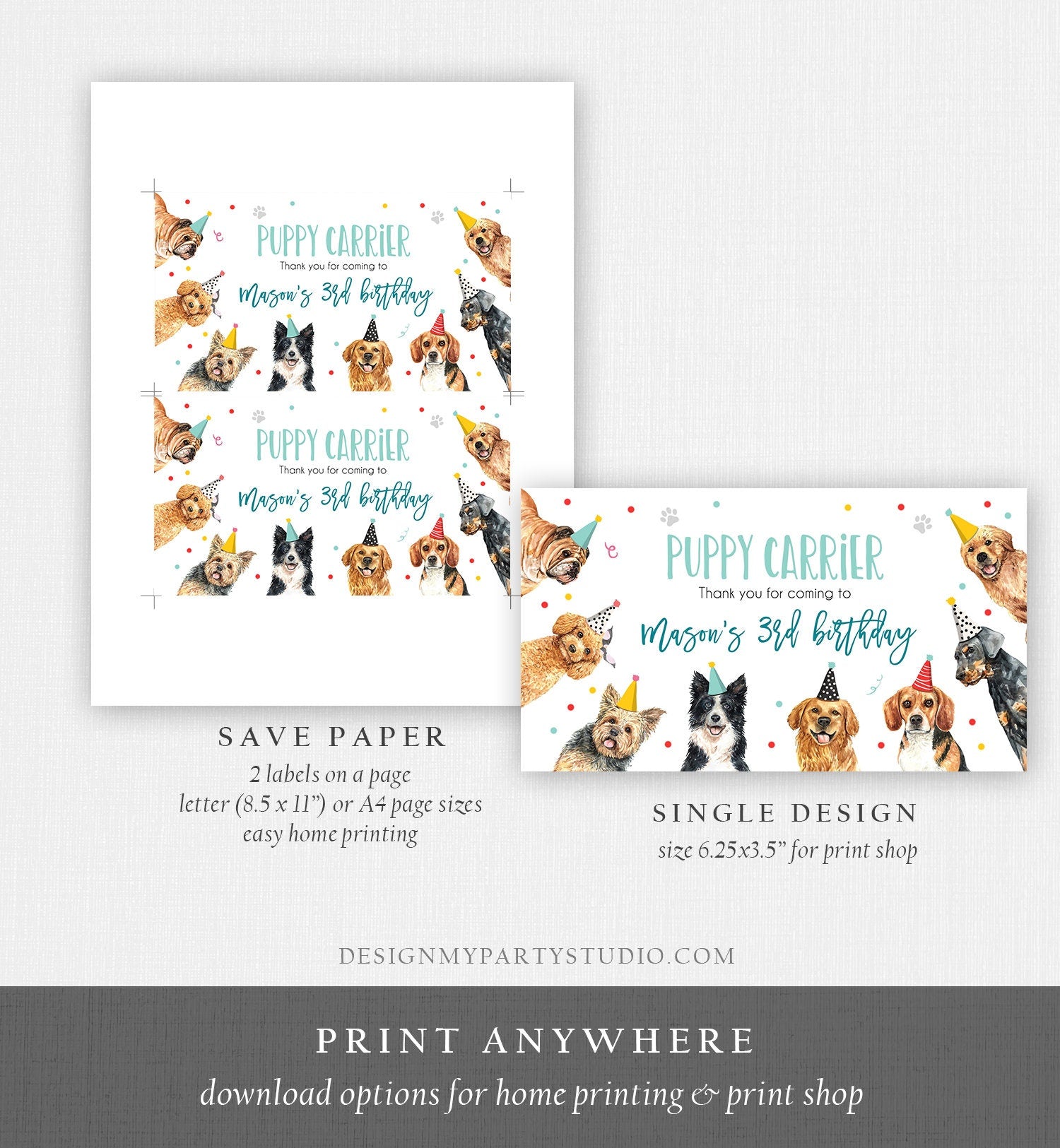 Editable Puppy Carrier Box Favor Label Puppy Birthday Favor Box Label Boy Dog Adopt a Puppy Pet Vet Digital Download Template Printable 0384