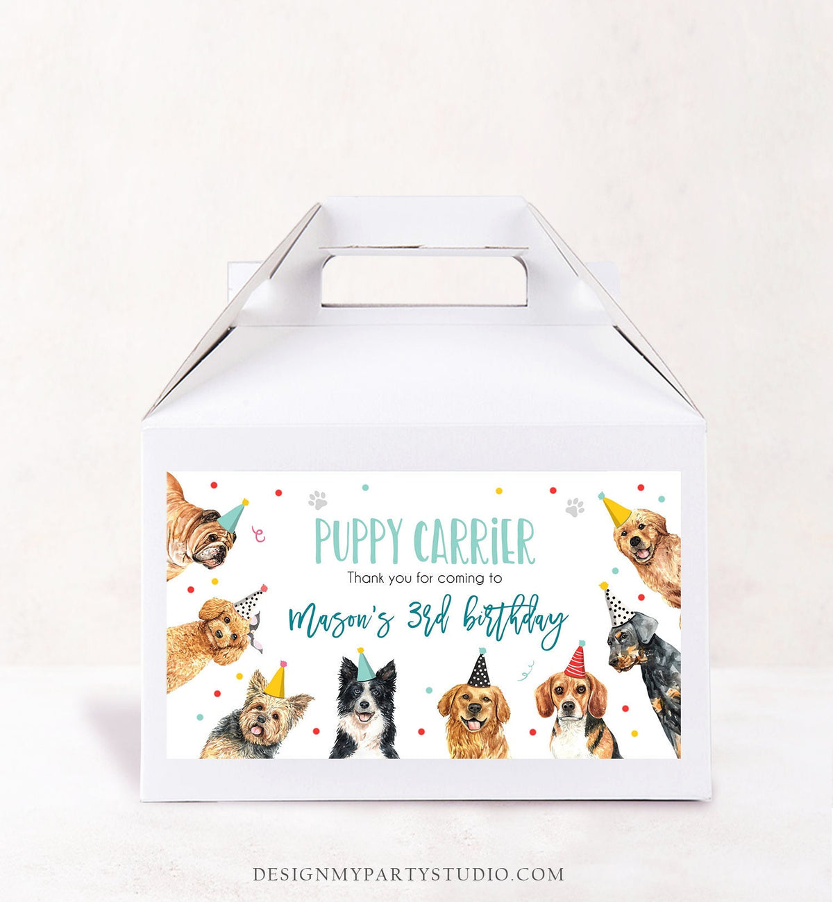 Editable Puppy Carrier Box Favor Label Puppy Birthday Favor Box Label Boy Dog Adopt a Puppy Pet Vet Digital Download Template Printable 0384