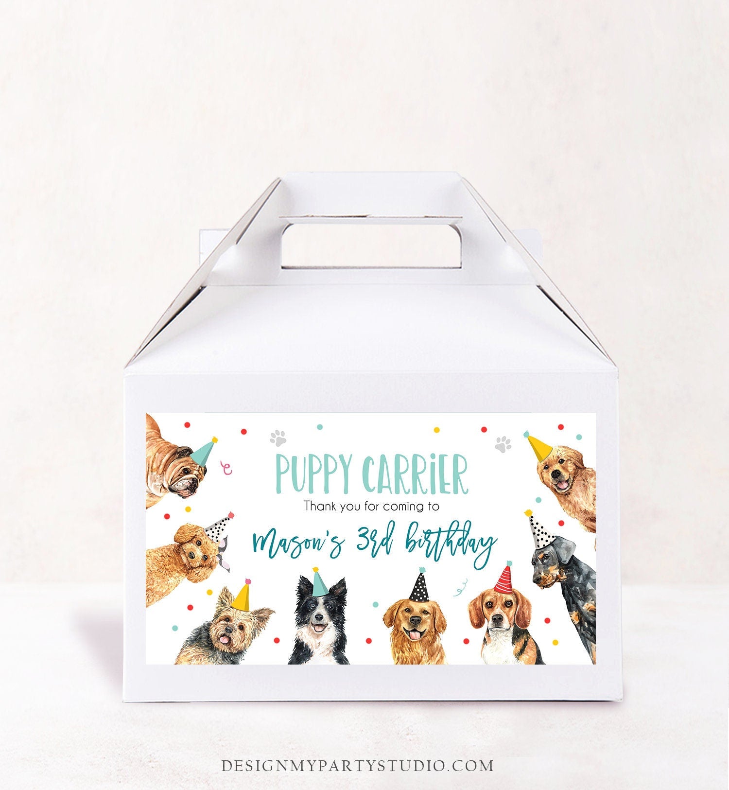 Editable Puppy Carrier Box Favor Label Puppy Birthday Favor Box Label Boy Dog Adopt a Puppy Pet Vet Digital Download Template Printable 0384