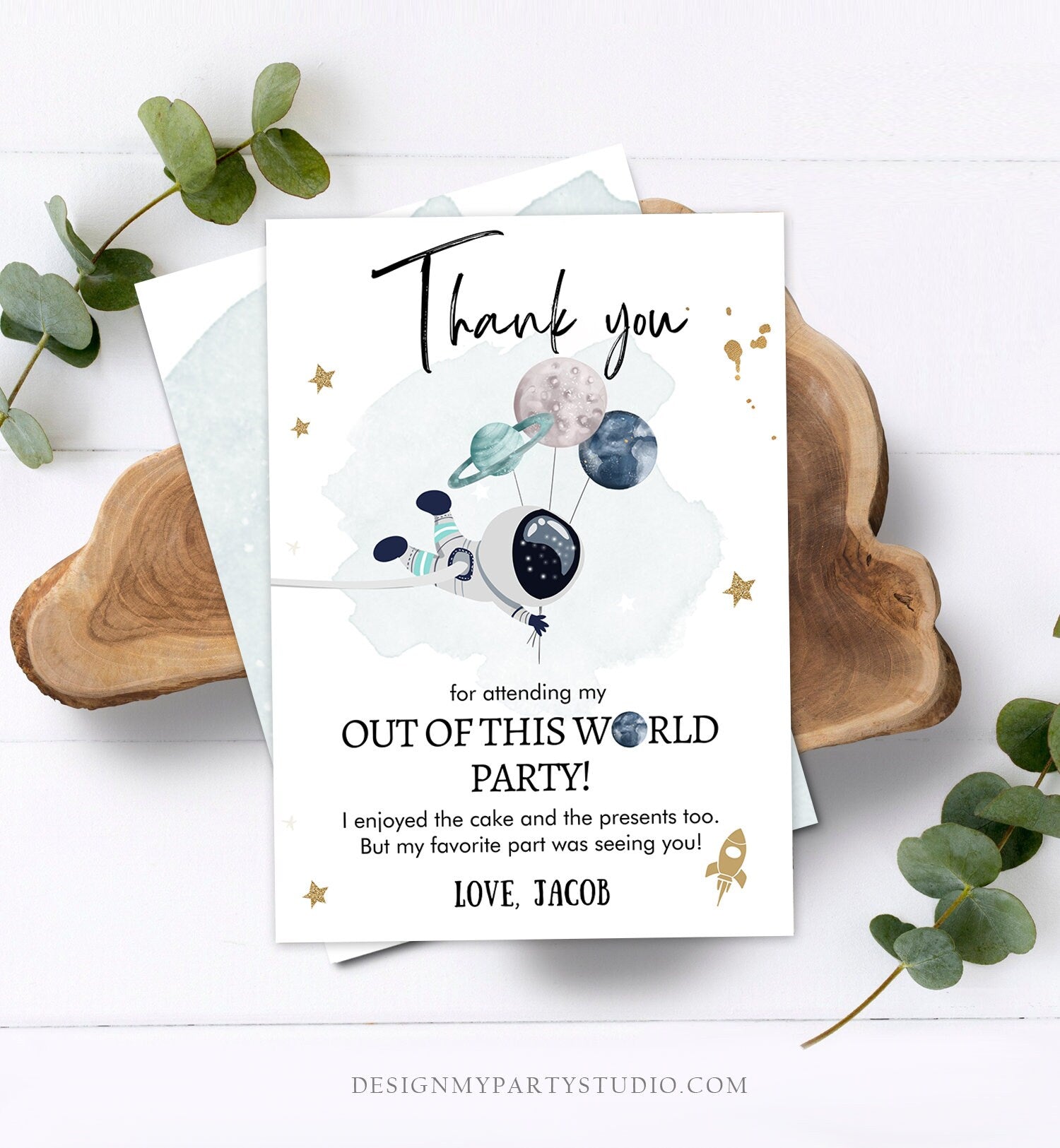 Editable Space Birthday Thank You Card Space Astronaut Galaxy Thank You Note Planets Boy Blue Download Printable Template Digital Corjl 0366