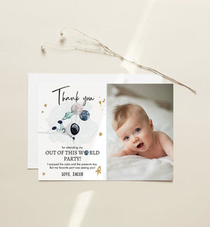 Editable Space Birthday Thank You Card Space Astronaut Galaxy Thank You Note Planets Boy Blue Download Printable Template Digital Corjl 0366