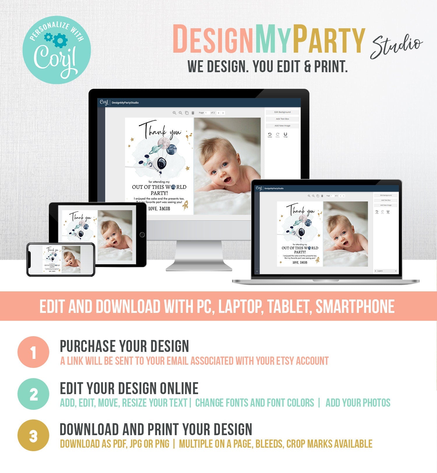 Editable Space Birthday Thank You Card Space Astronaut Galaxy Thank You Note Planets Boy Blue Digital Download Template Printable 0366